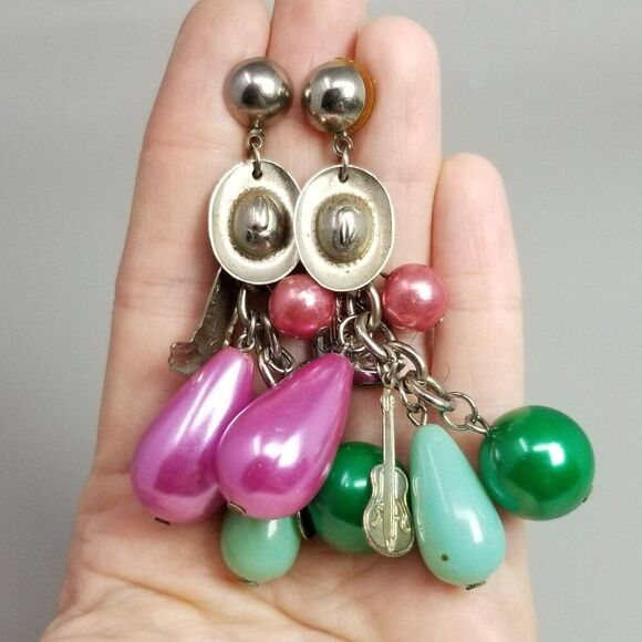 Vintage Pink Green Beaded Dangle Stud Earrings, Cowboy Cowgirl Country Theme - Picture 5 of 5